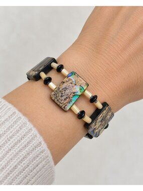 Abalone Shell Black Rectangle Bead Double Strand Stretch Bracelet